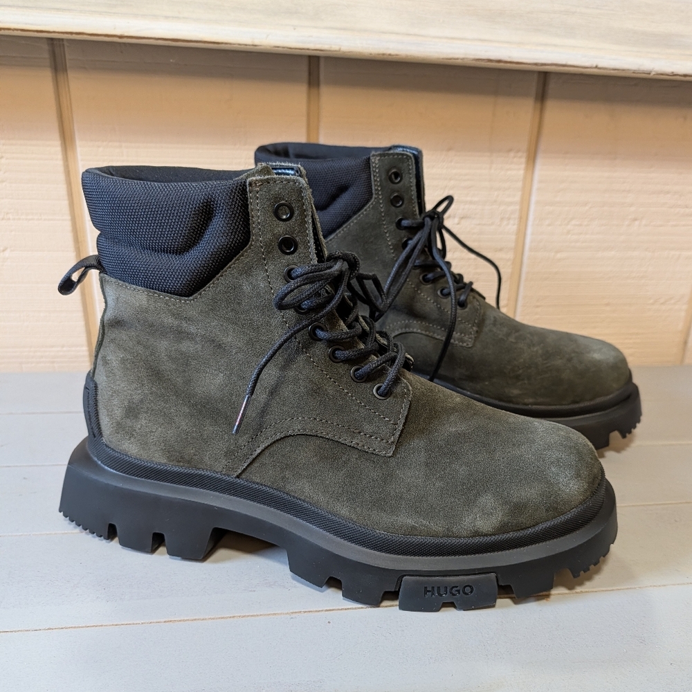Hugo Fabyan Green Suede ‎ Lace-up Combat Boot Mens Chunky Lug Sole 45